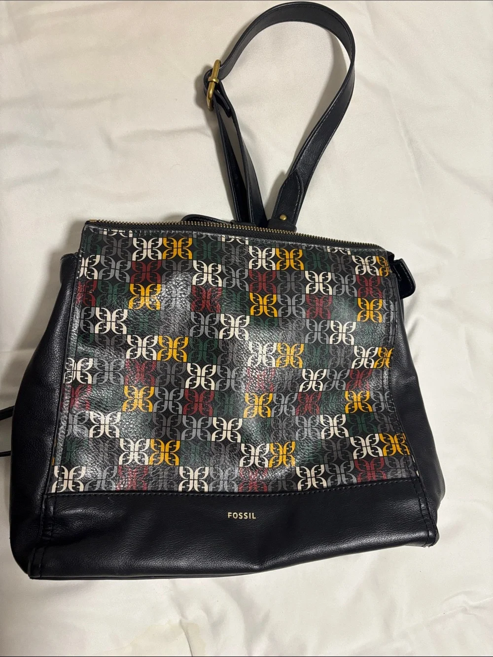 Fossil Black Shoulder Bag with Multicolor Logo Pattern - Picture 1 of 9